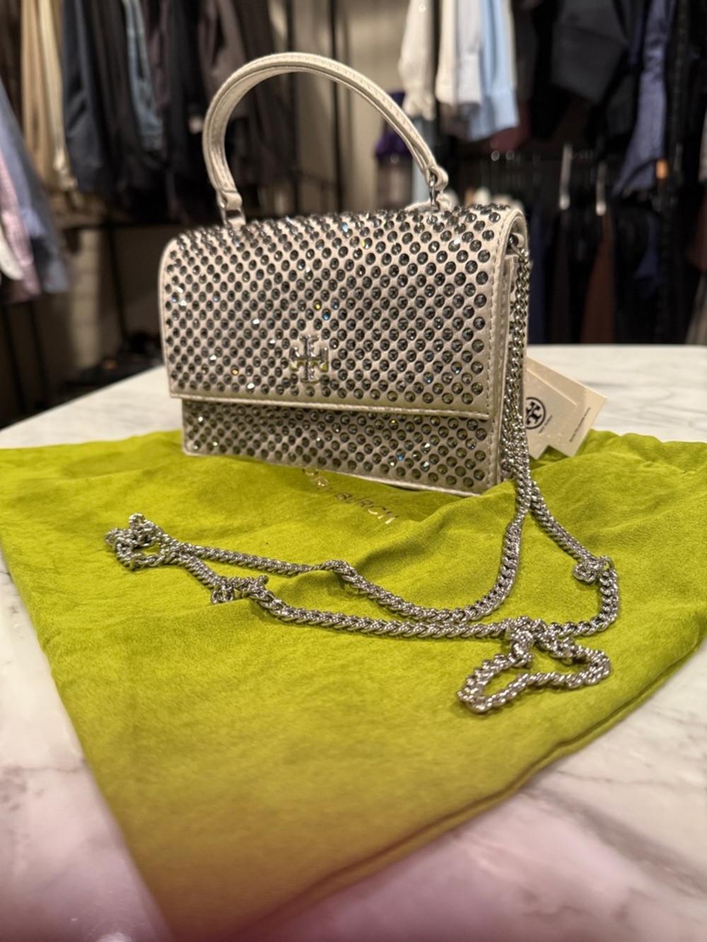 Tory Burch Silver Crystal-Embellished Mini Top-Handle Crossbody